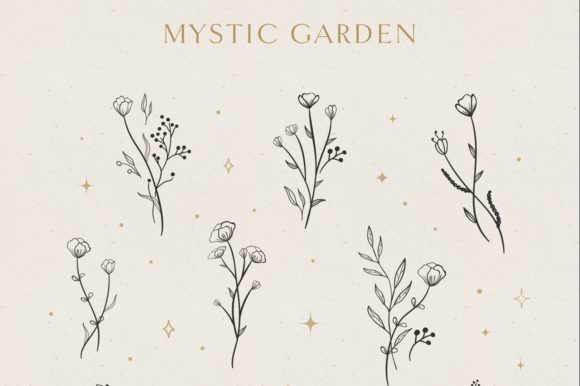 Mystic Flowers, Branches. Berry. Tattoo. Graphics & Illustrations